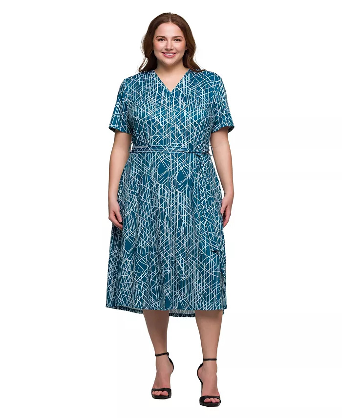 

Платье миди с принтом, коротким рукавом и завязкой на талии Plus Size 24seven Comfort Apparel, синий