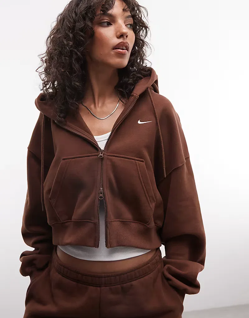 Худи Nike Studio Fleece средней плотности, свободного кроя, укороченное, на молнии, коричневый