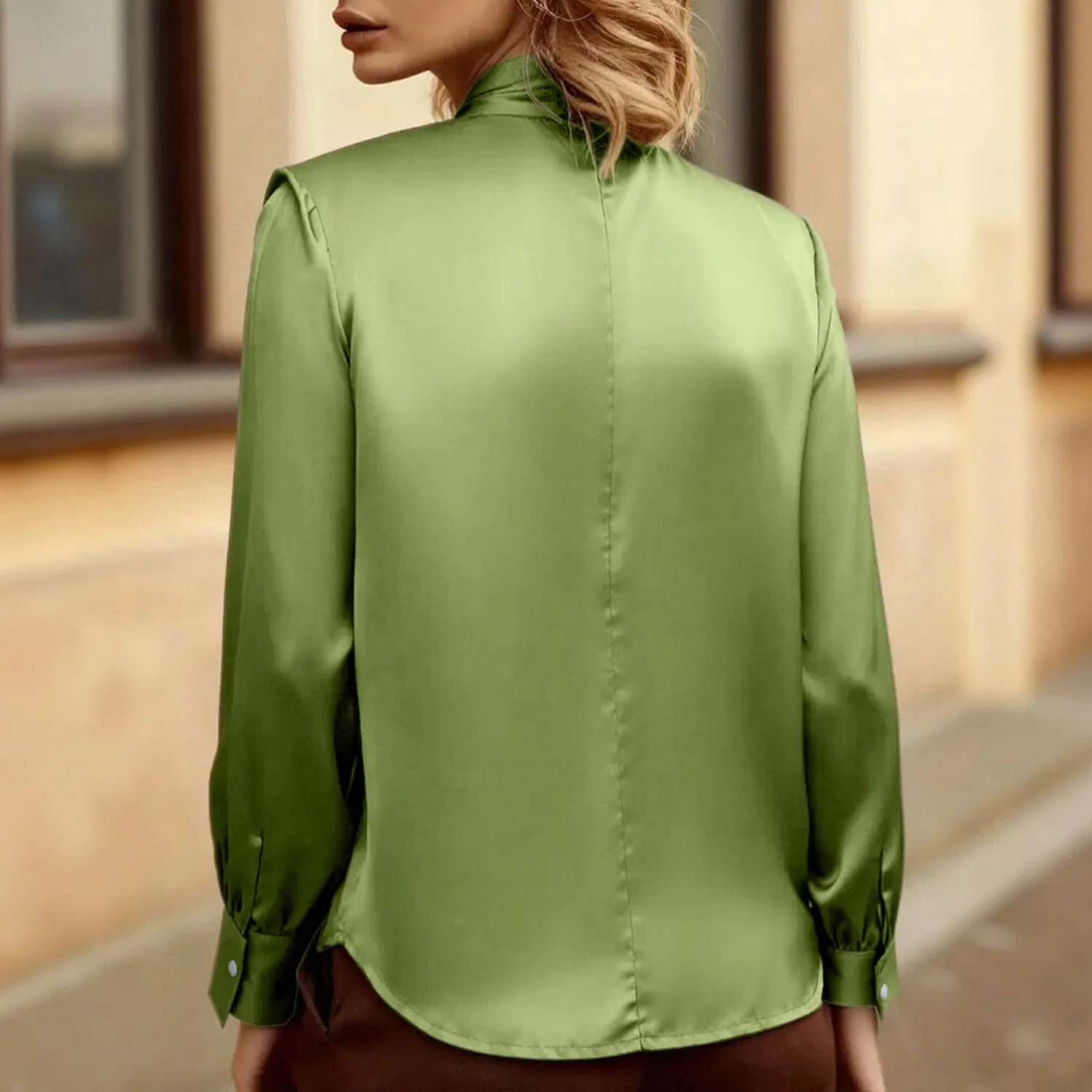 Женская блузка с длинным рукавом с бантом Elegant Work Shirt, Satin 06-mint Green — фото 3