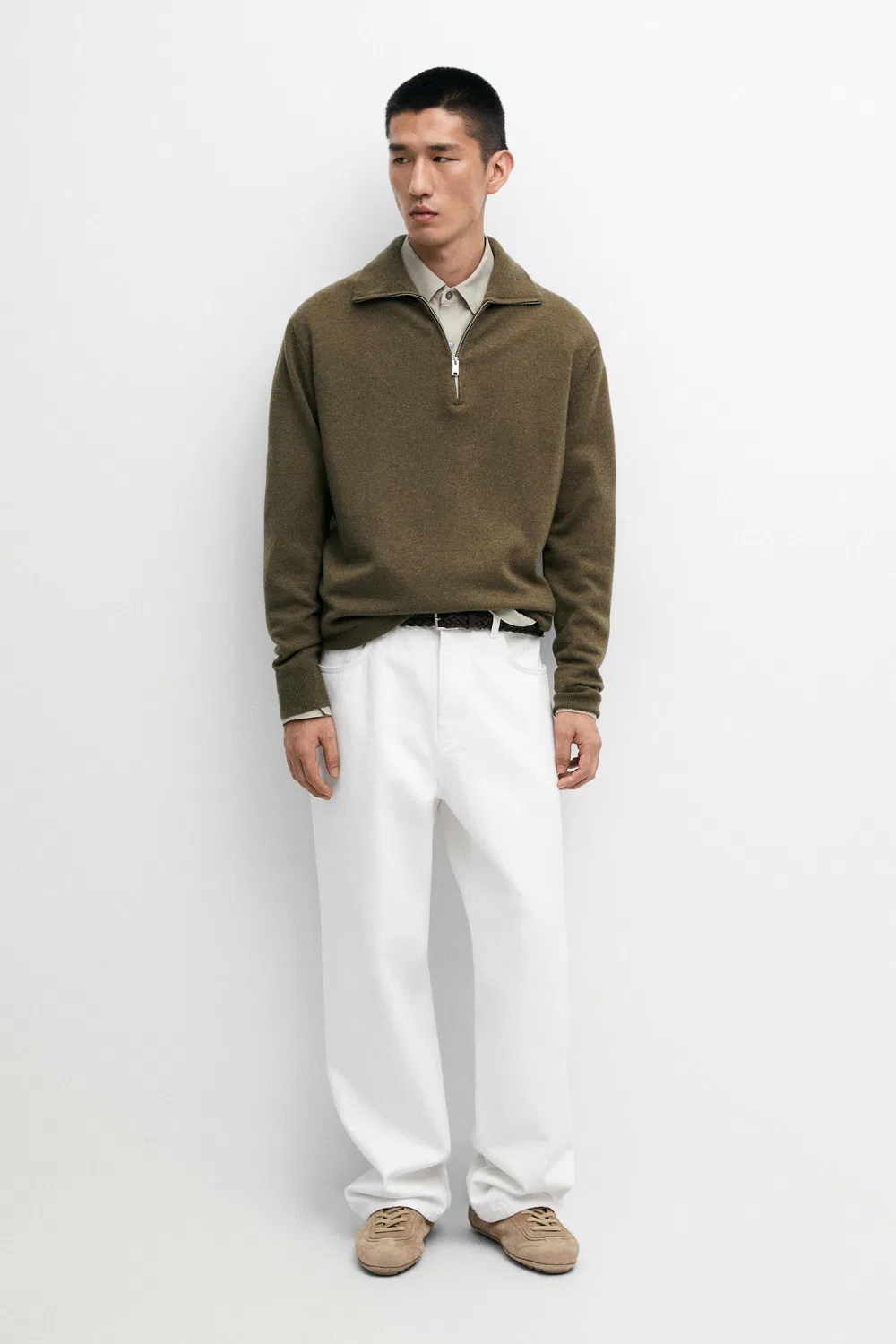 Свитер Massimo Dutti Mock Neck Zip-Up Knit, темно-зеленый — фото 3