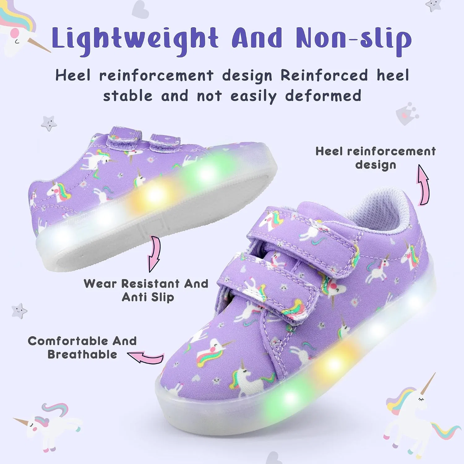 Детские кроссовки для девочек со светящейся подошвой Vivaki YESKIS, Light Purple Light Up Shoes — фото 4