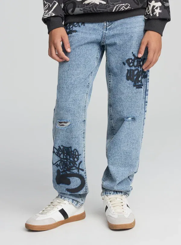 Брюки прямые из денима с принтом Lungo stampe Terranova Denim Chiaro, светло-голубой — фото 2