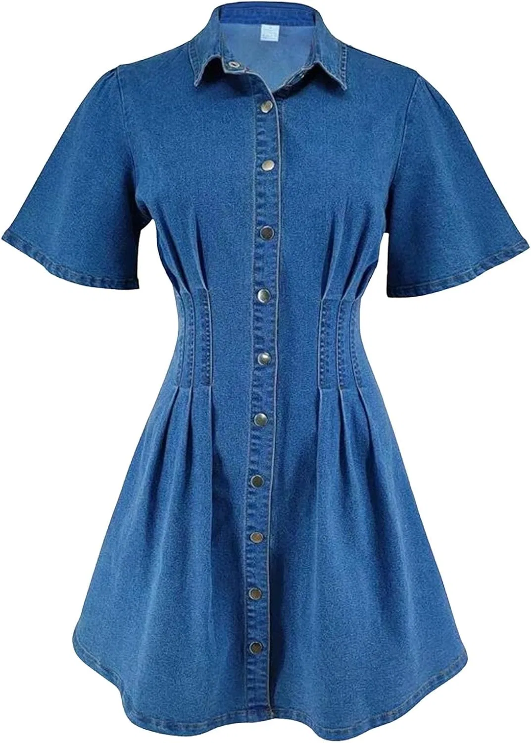 Женское платье из денима с коротким рукавом, на пуговицах, с поясом, Mid Blue