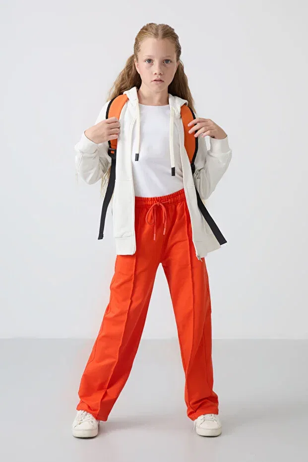 Детские джоггеры для девочек с широкой штаниной Orange wide-legged girls' sweatpants with pockets and front stitching detail -75144 Tommy Life, Orange