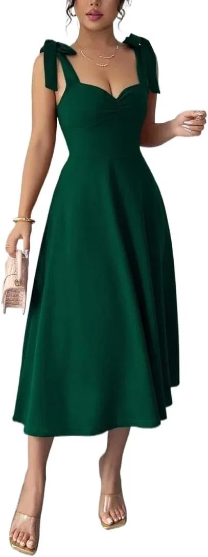 Женское элегантное платье миди с завязкой на талии, Dark Green