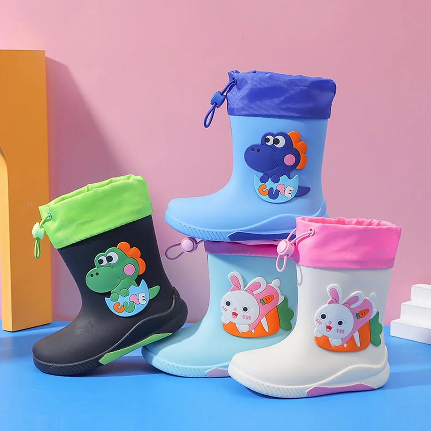 Детские сапоги резиновые для девочек с принтом кролика Rain Boots, Light Blue — фото 2
