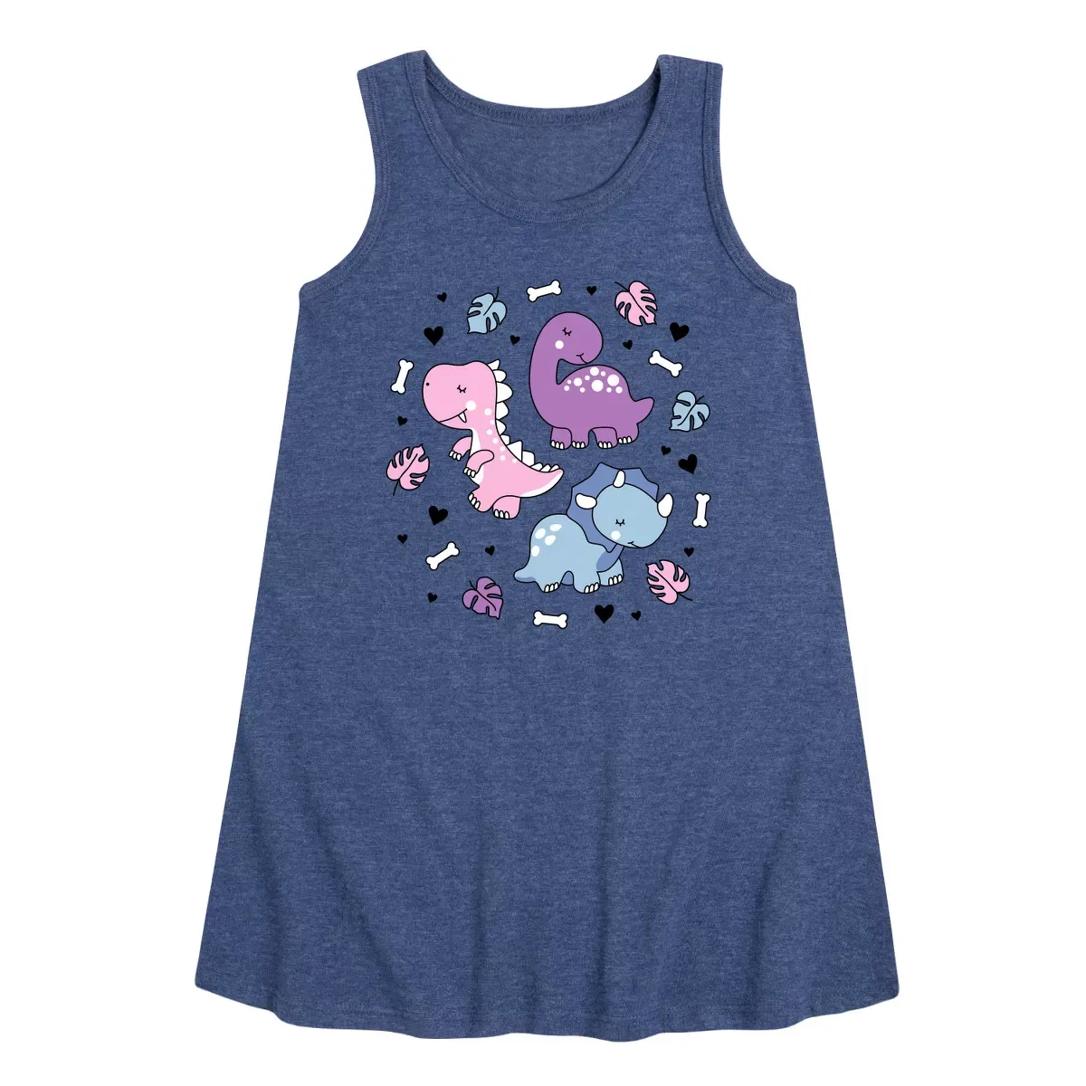 Детское платье-трапеция для девочек без рукавов с принтом Stacked Girly Dinos Instant Message, Heather Navy