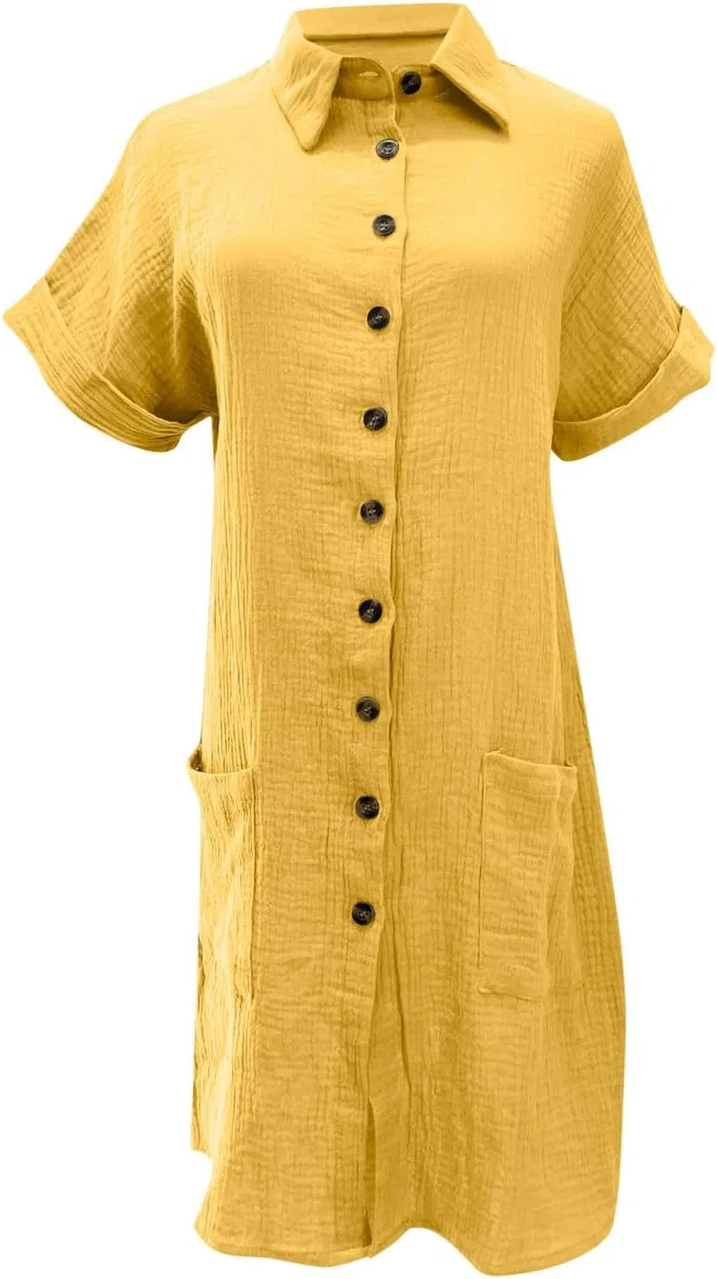 Женское летнее платье-рубашка с коротким рукавом Generic, Yellow — фото 4