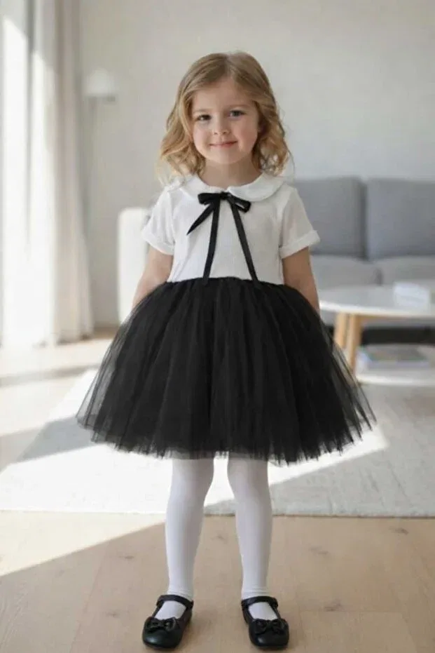 Детское платье для девочек с принтом Perla Short Sleeve Girls' Princess Puffy Tutu Dress Şirin Şeyler Butiği, Short-Black-White
