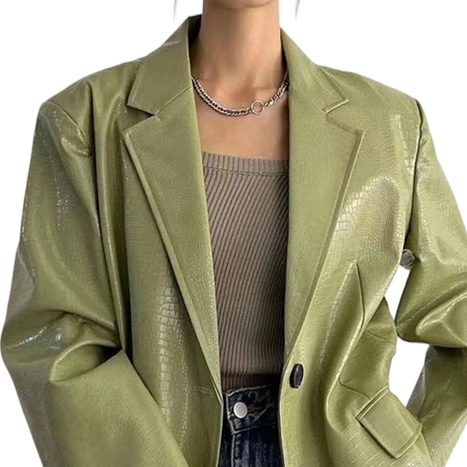 Женская куртка-косуха из экокожи с длинным рукавом, oversize, Verde chiaro — фото 4