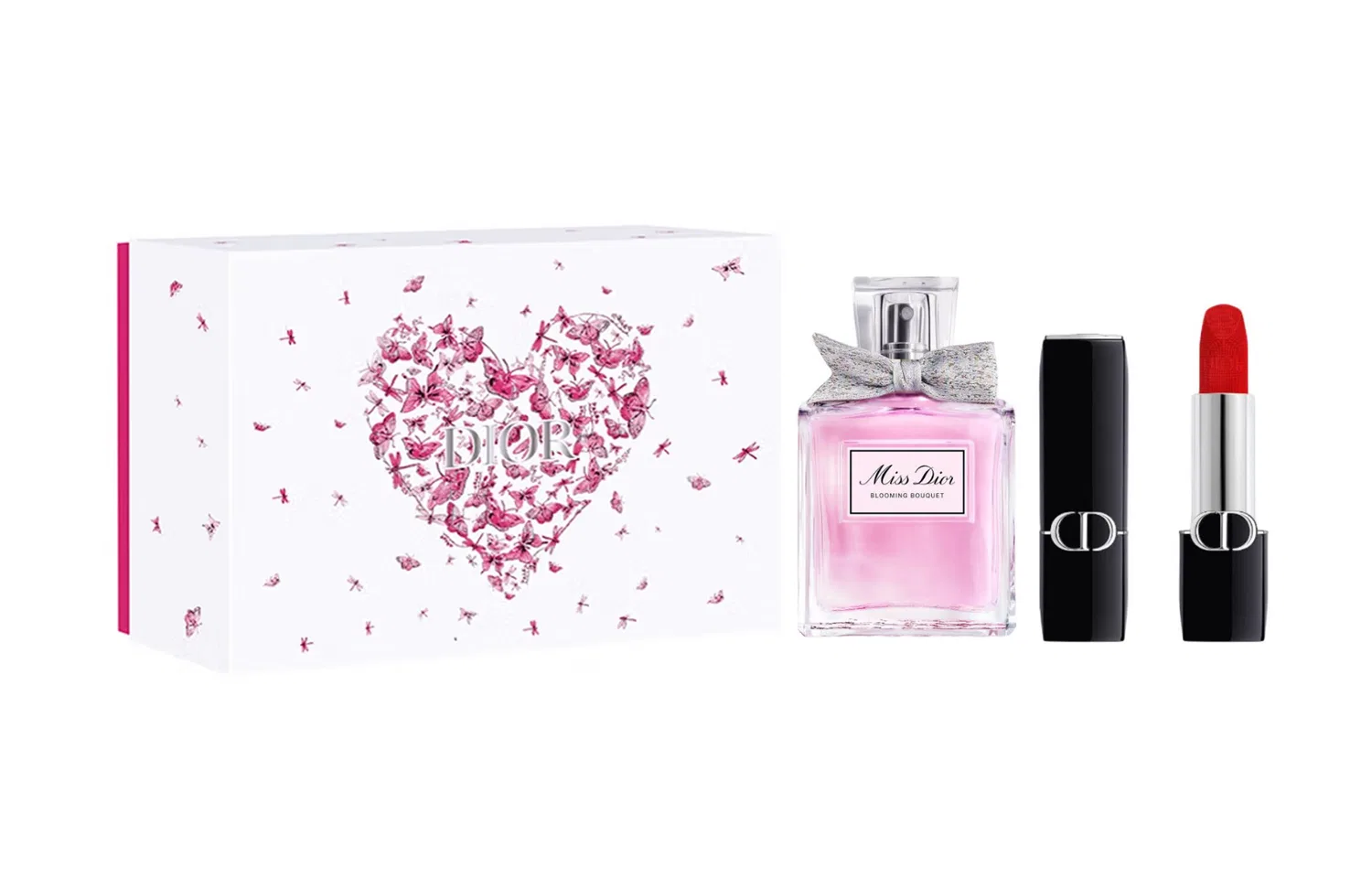 Женский подарочный набор Miss Dior Floral Eau De Parfum 50мл и помады J'adore Blue Gold #999 3.5г, DIOR, Pink Butterfly Box
