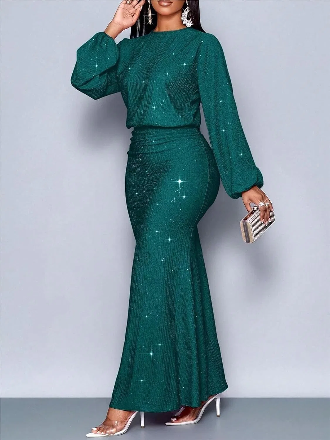 Женское облегающее платье с пайетками макси Bodycon, Dark Green — фото 4
