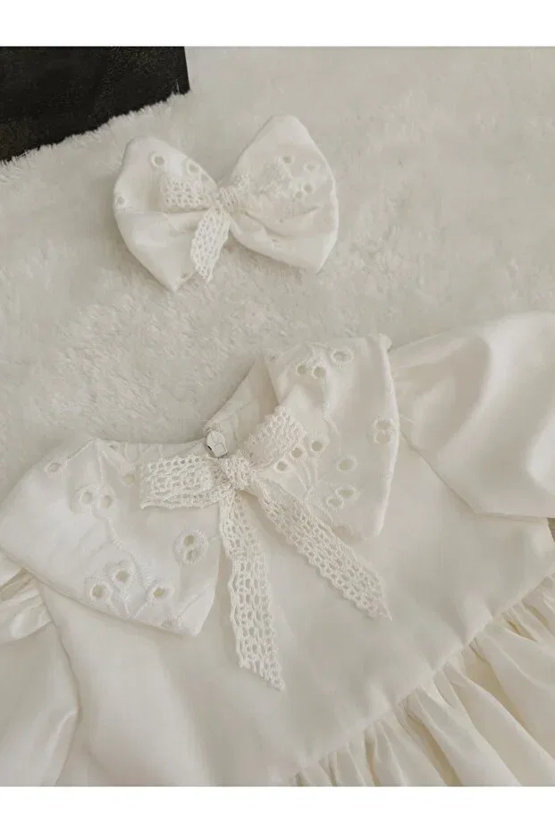Детское платье для девочек с длинным рукавом Lace-Up Fitted Collar Dress Elwirababyboutiqe, Ecru — фото 3