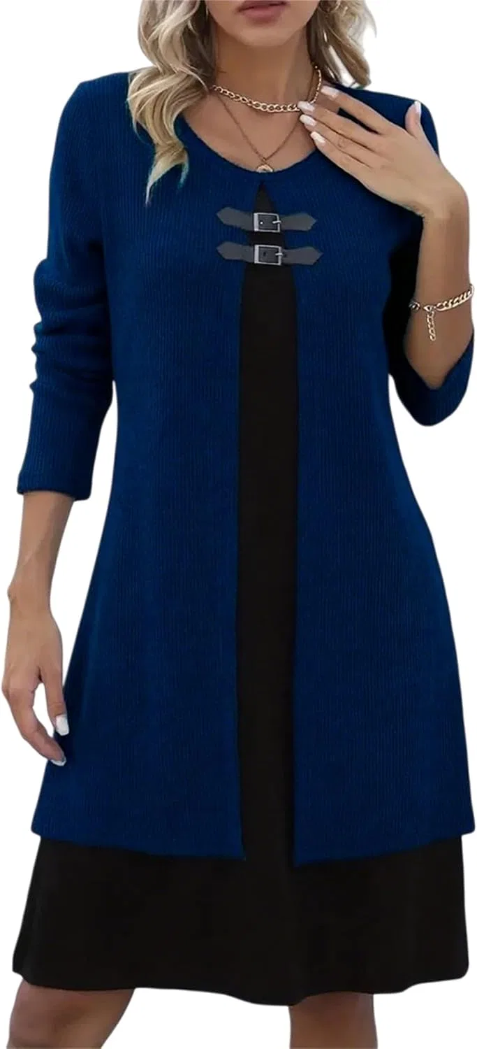 Женское платье миди с цветовым блоком и двойной пряжкой, Navy Blue