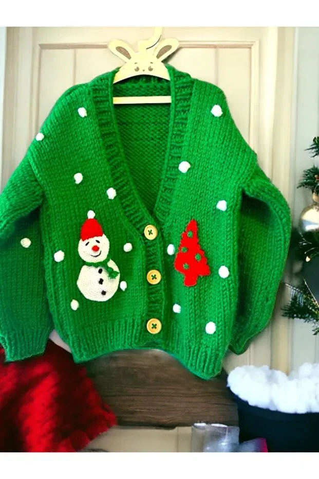 Детский кардиган с принтом Hand knitted christmas detailed woolen jacket children's cardigan Alpiu, Green — фото 3