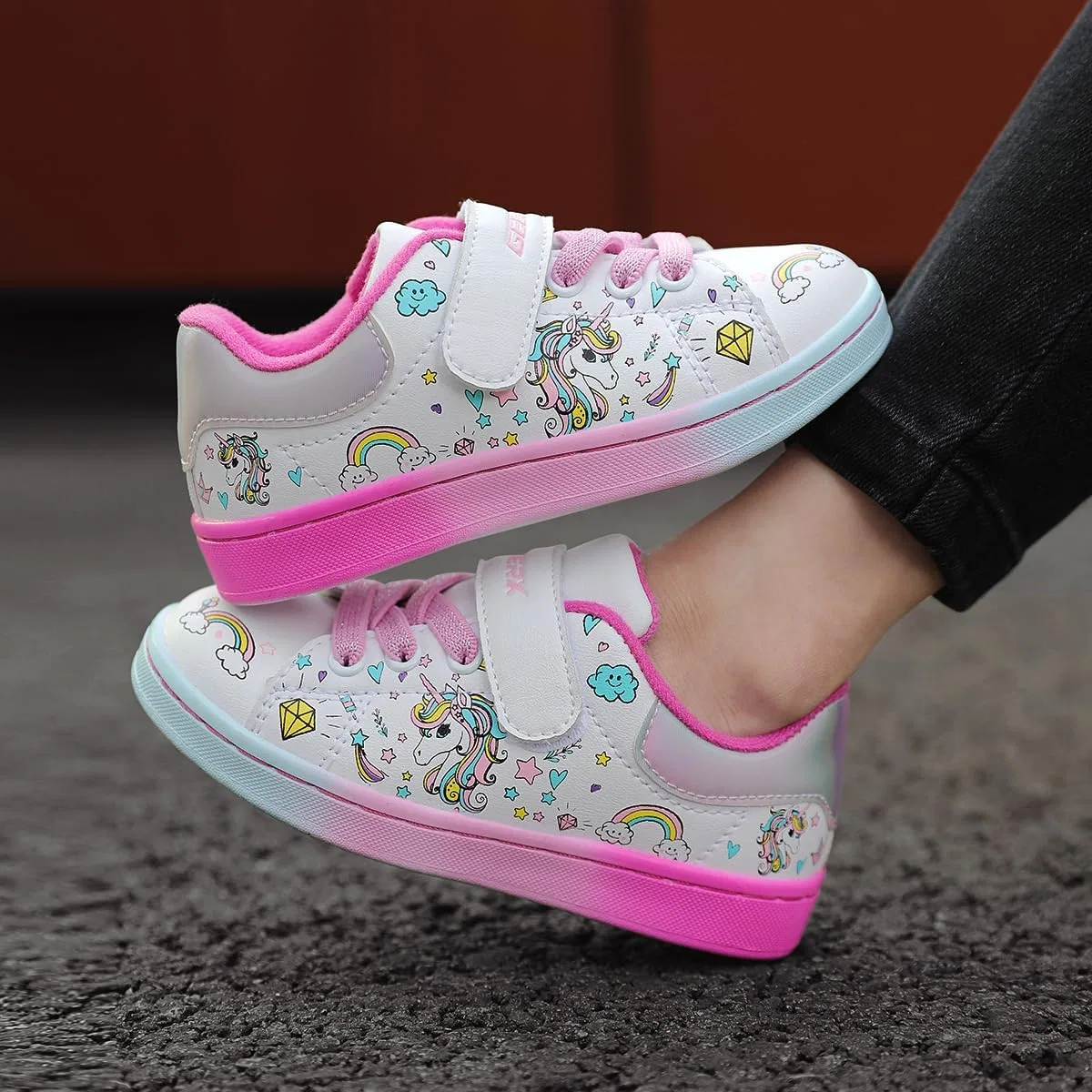 Детские кроссовки для девочек с принтом Unicorn GEERX, White Fuchsia Blue — фото 3