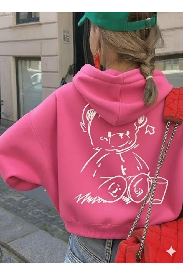 Детское худи для девочек с принтом Comfortable fit children's pink sweatshirt with cute teddy bear figure Afri, Pink
