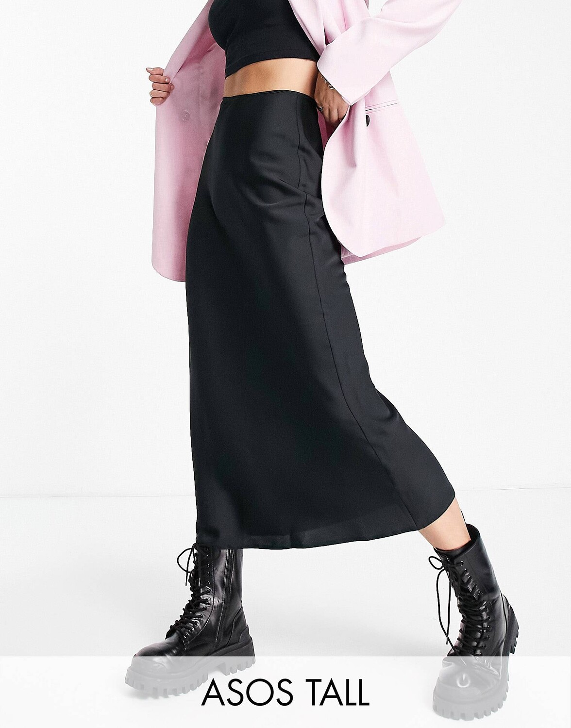 

Черная атласная косая юбка миди ASOS DESIGN Tall