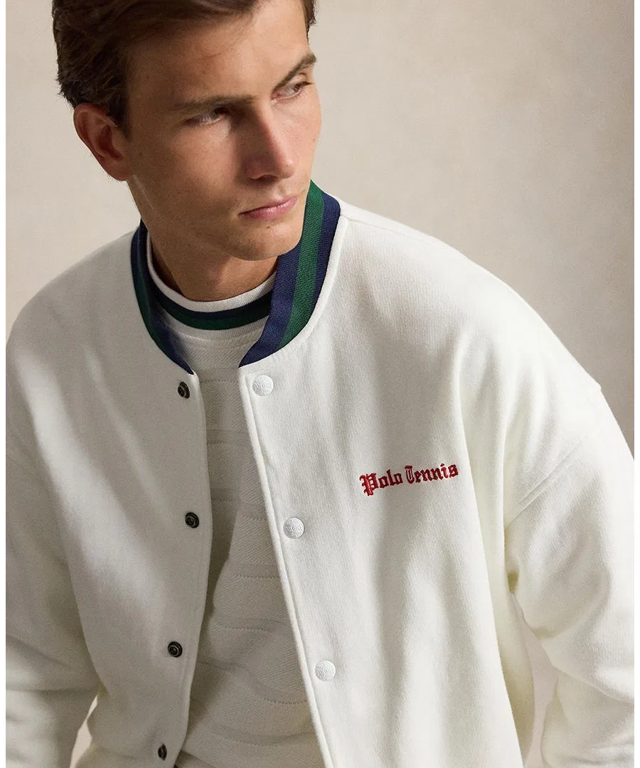 Мужское флисовое бейсбольное джекет-худи с вышивкой Polo Tennis Polo Ralph Lauren, White — фото 4
