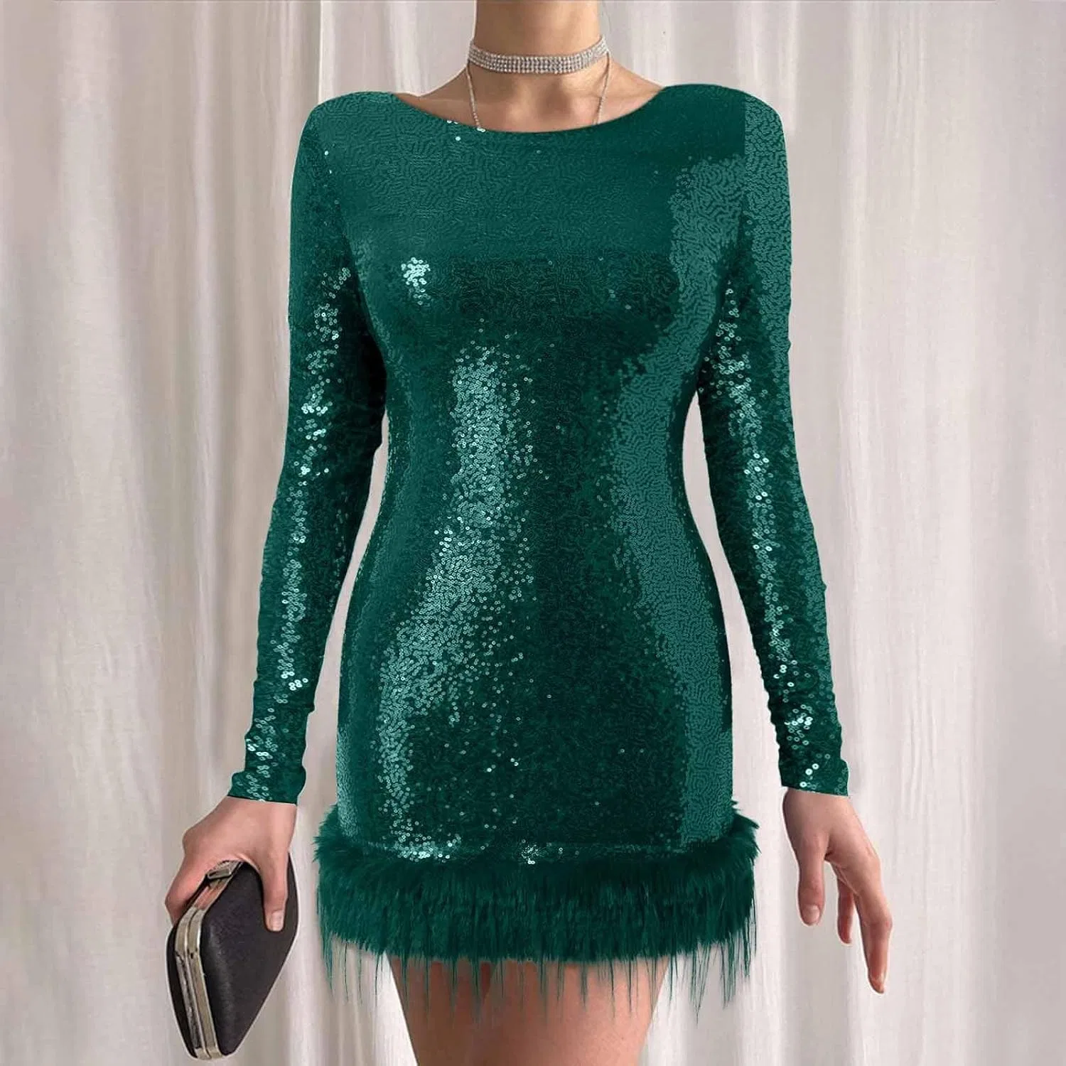 Женское коктейльное платье с пайетками и перьями Generic, Green — фото 2
