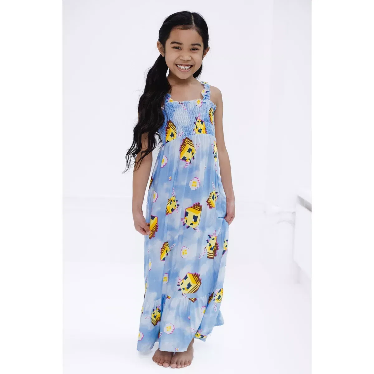 Детское платье для девочек с принтом Minecraft Bee Square Neck Smocked Maxi Dress Tie Dye, Blue — фото 4