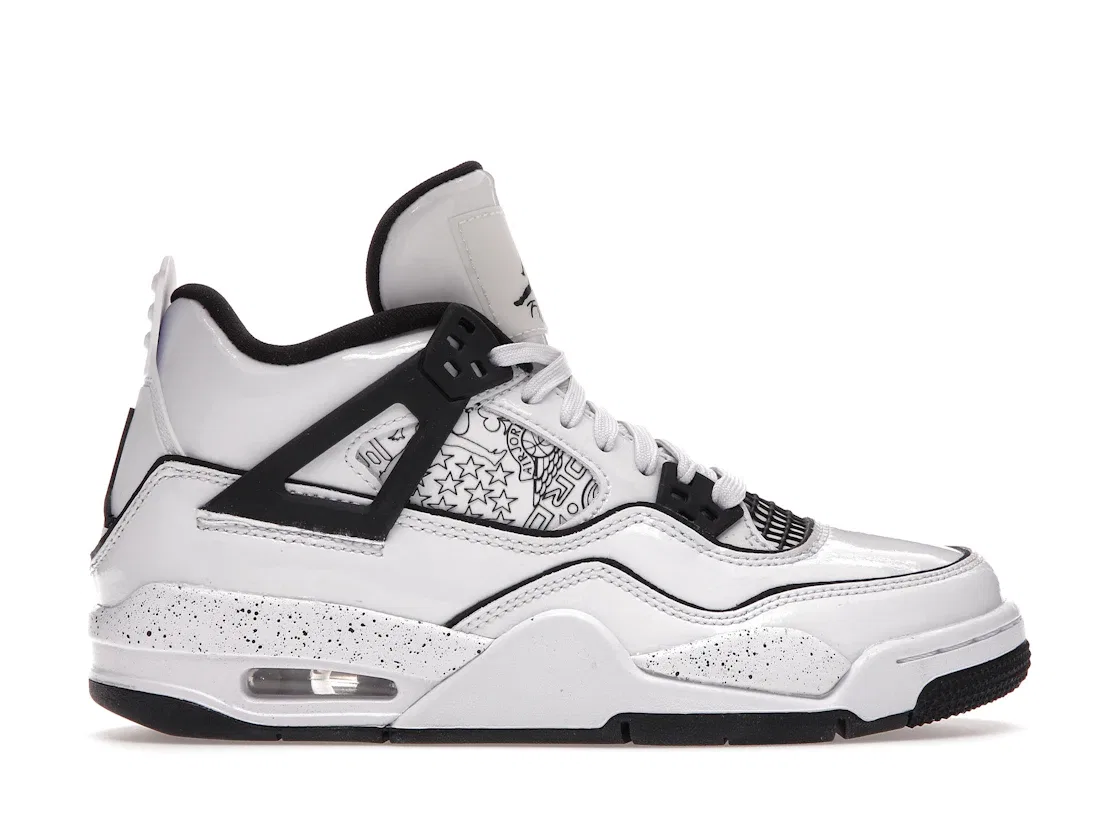 Детские кроссовки для школьников с дизайном DIY Jordan 4 Retro, White/Black-Volt
