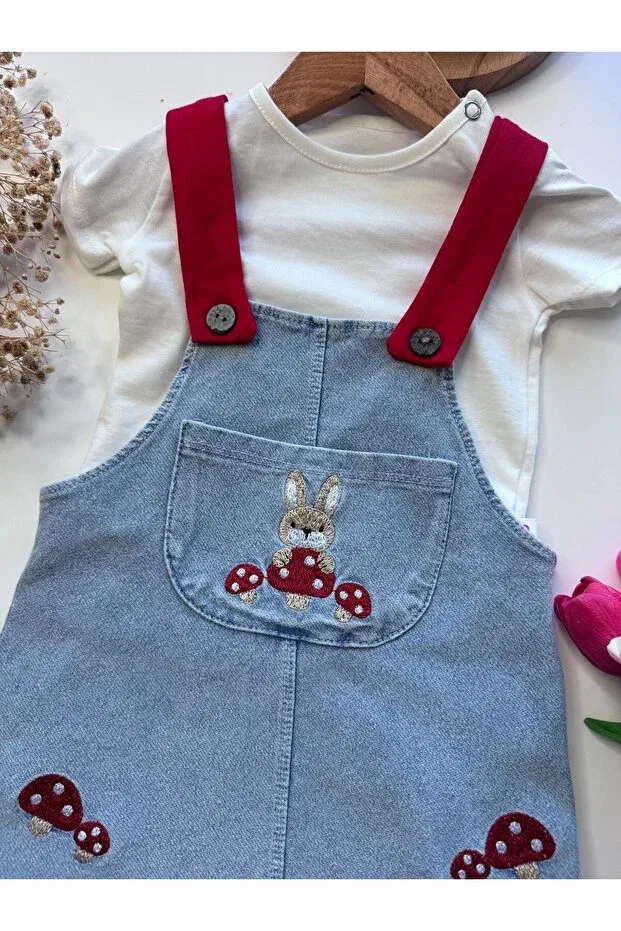 Детское джинсовое платье без рукавов Rabbit and mushroom embroidered Baby Buu, Blue — фото 4