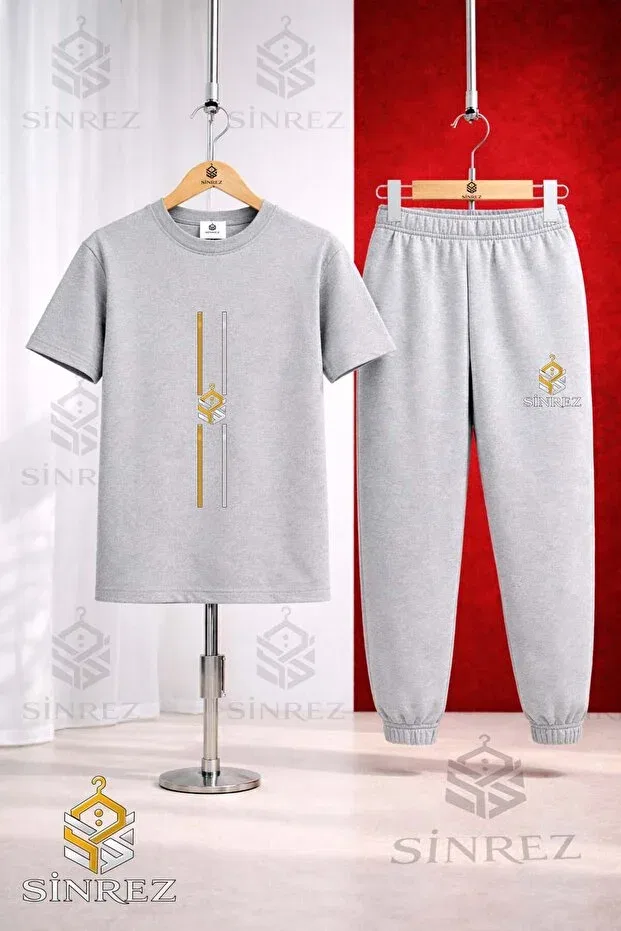 Детский комплект для девочек с принтом Children'S Logo Dik Iki Cizgi Printed 3-Piece T-Shirt And Tracksuit Set Sinrez, Black - Gray - Navy Blue — фото 3