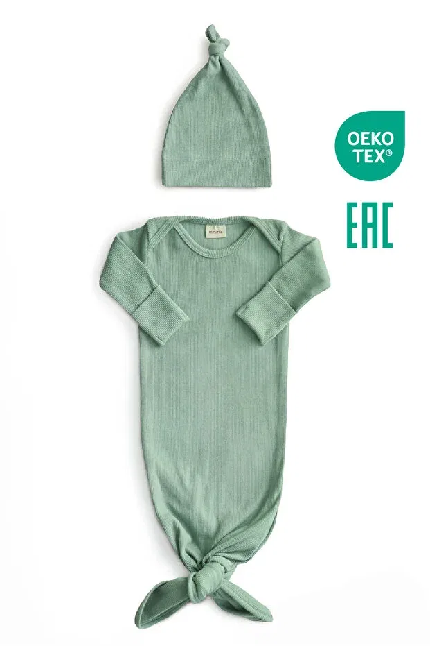 Детский комплект боди и шапочки с длинным рукавом Ribbed and bottom tie baby bodysuit and beanie set Minuche, Green — фото 2