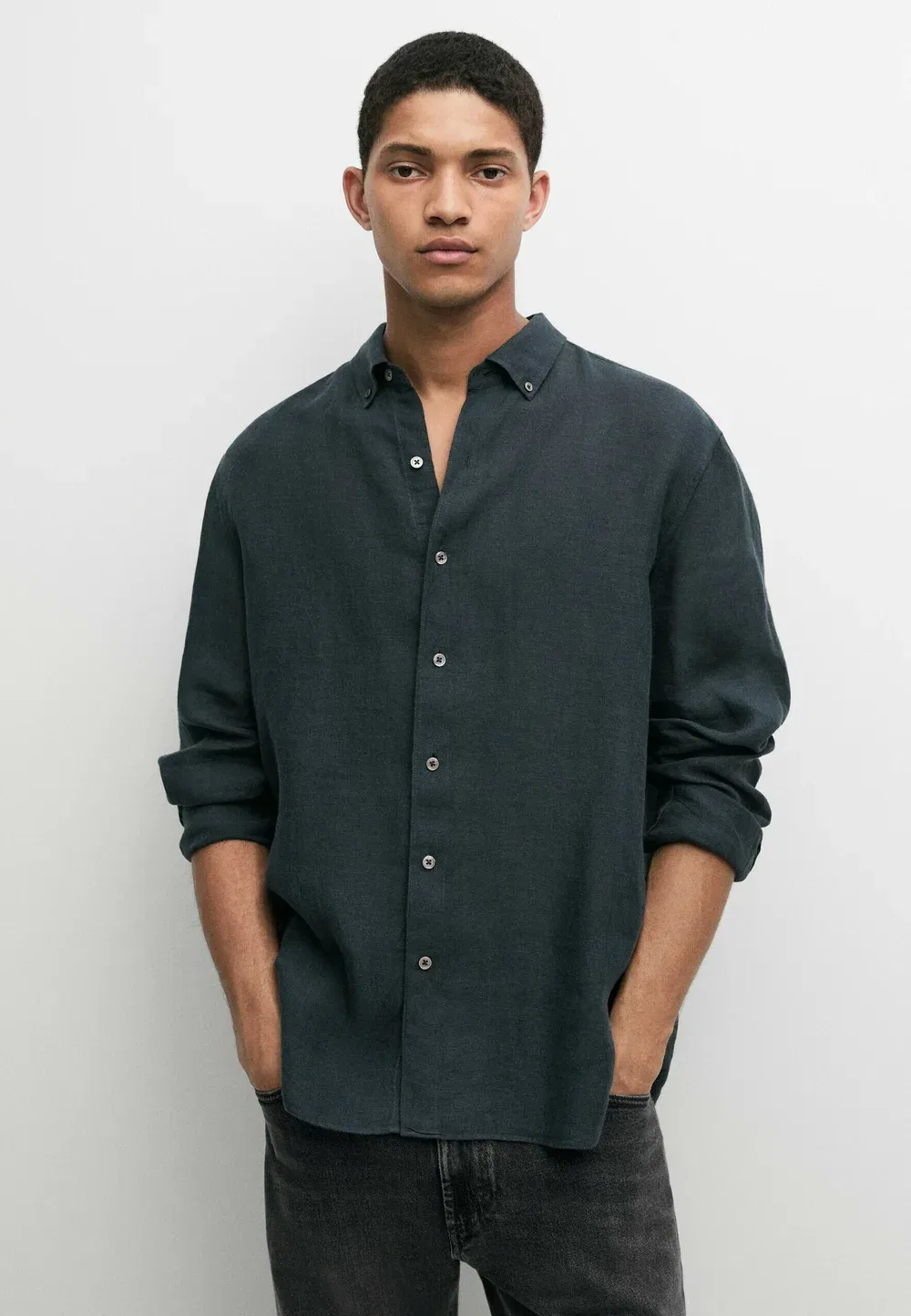 Выцветшая рубашка из 100% льна - рубашка Massimo Dutti, Mottled Dark Blue