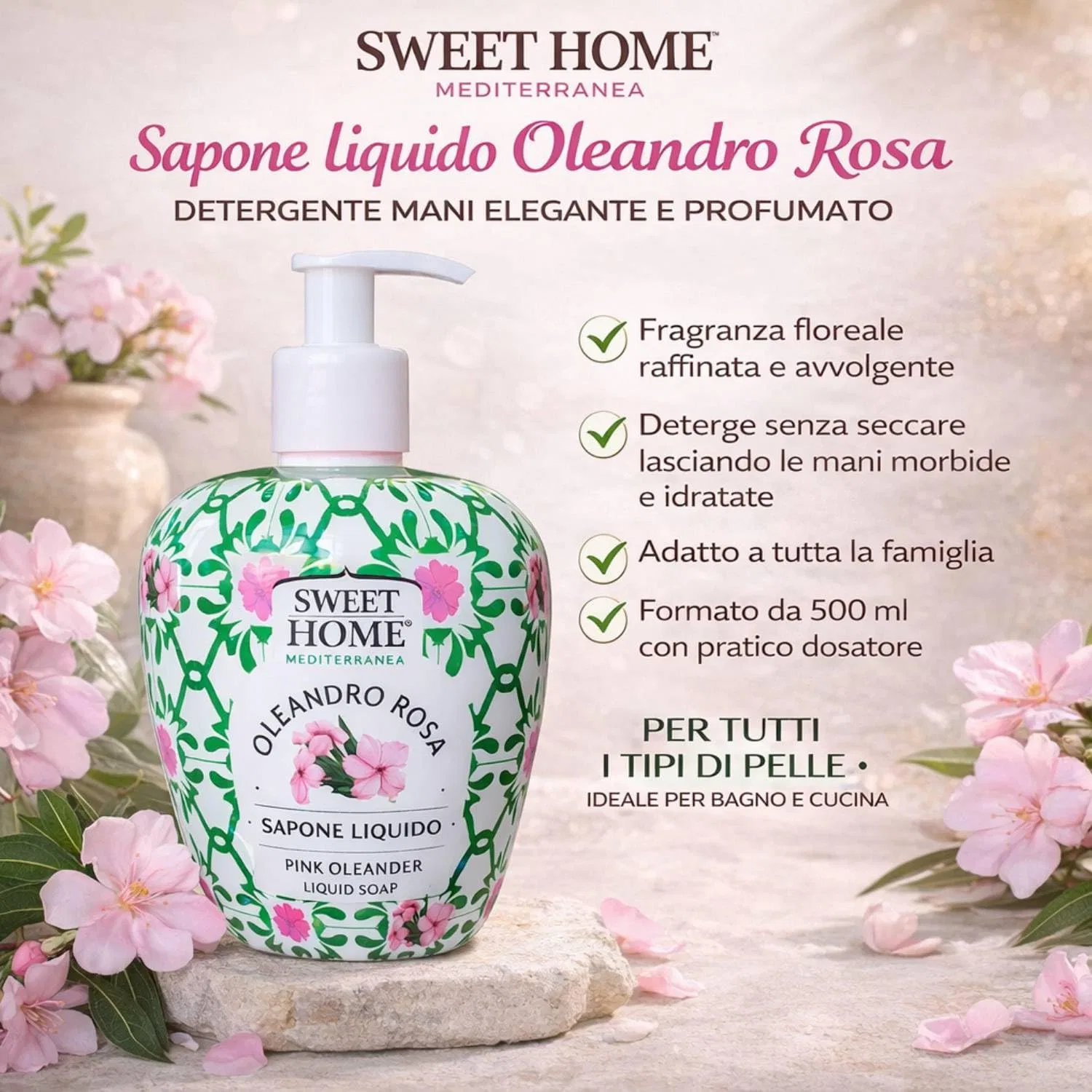 Жидкое мыло Sweet Home Mediterraneo с ароматом розового олеандра, 500 мл, с дозатором, Розовый Suarez Company Srl — фото 2