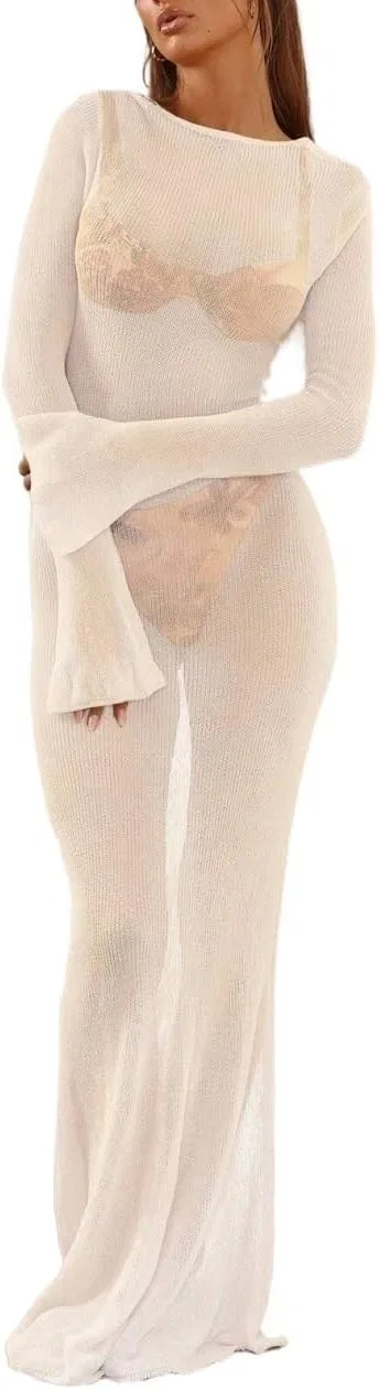 Женское элегантное платье макси с длинным рукавом, White