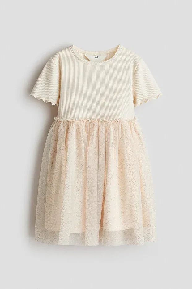 Детское платье из фатина с коротким рукавом H&M, Light Beige