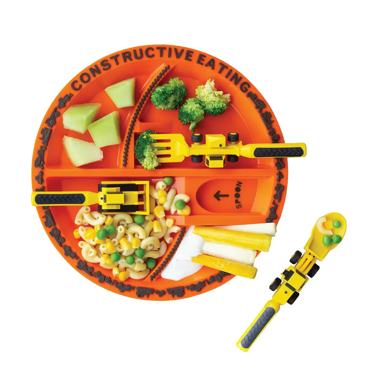 Набор детской посуды с разделенной тарелкой и приборами 4 предмета Construction Utensil and Divided Plate Set Constructive Eating, Orange — фото 2