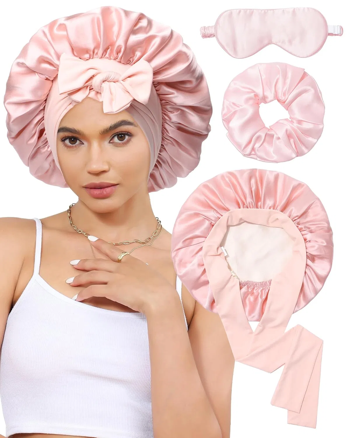 Шелковая шапочка для сна CHLINS, 100% Mulberry Silk, с шелковыми резинками и маской, Pink + Off White