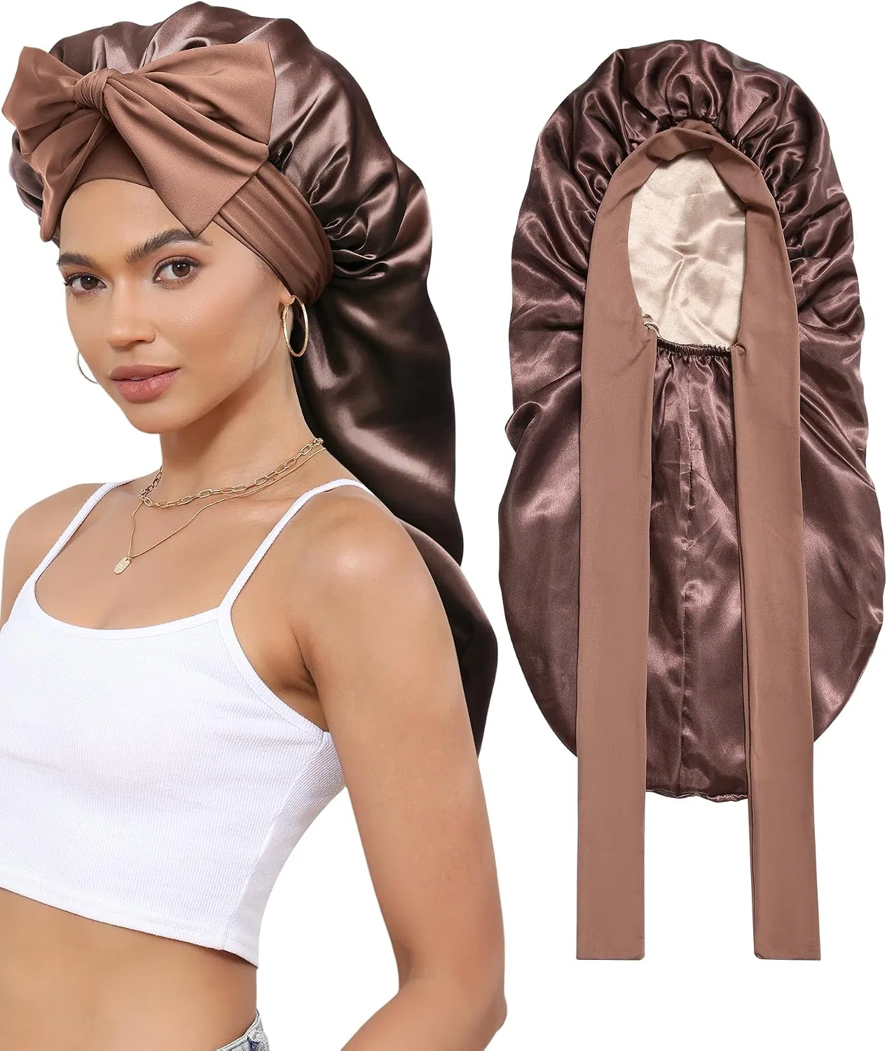 Шапочка для душа, двусторонняя, CHLINS, для длинных волос, 68x29 см, Brown and Champagne