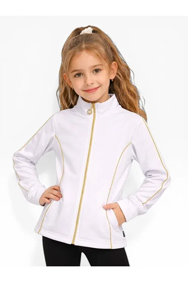 Детское для девочек спортивное худи с принтом Finger-Interlocking Gold Piping White Tracksuit Top She Can Wear, Gymnast Altın — фото 2