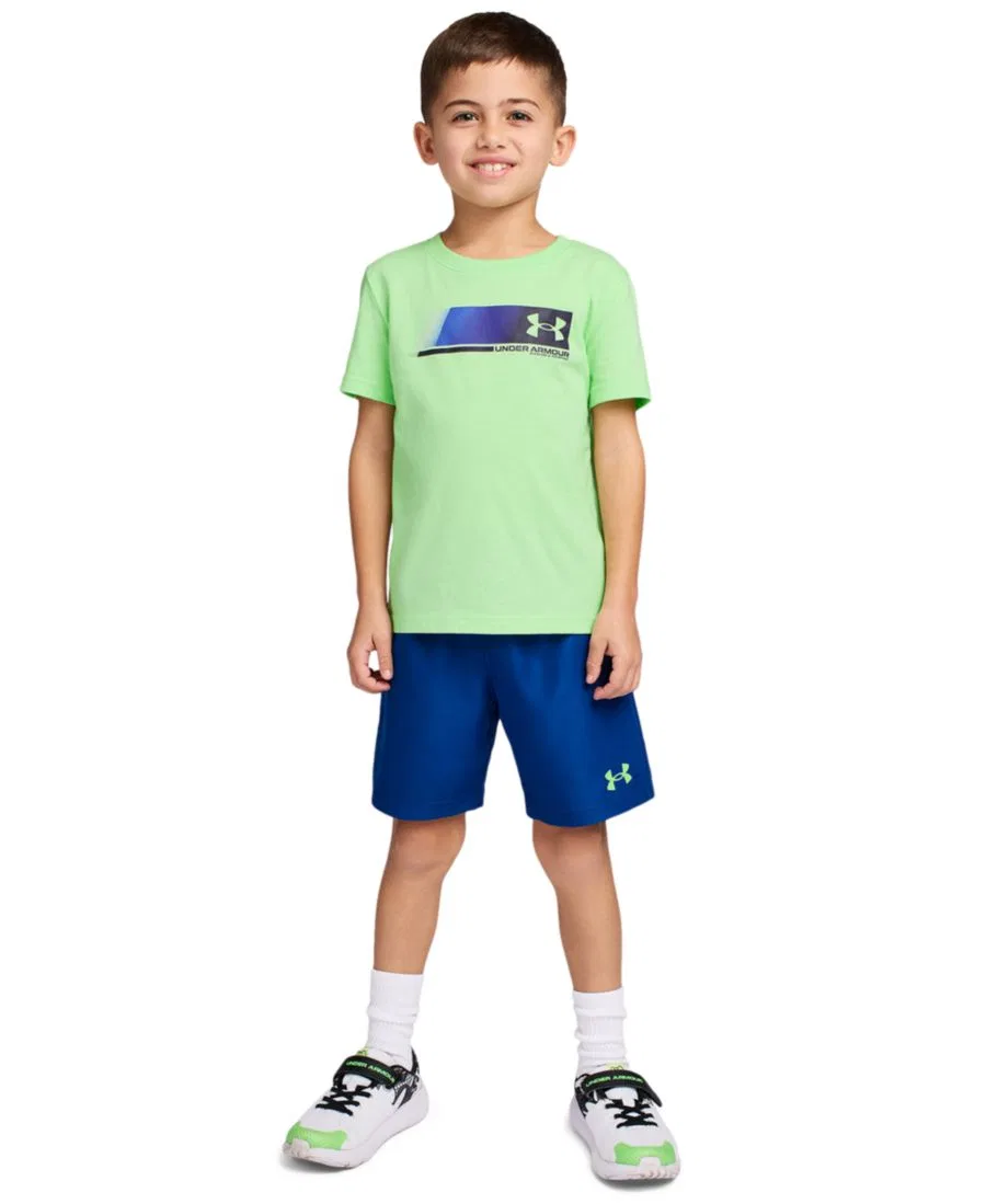 Комплект детской футболки и шорт с принтом, модель Short-Sleeve T-Shirt and Shorts Under Armour, Lumos Lime Navy Blue