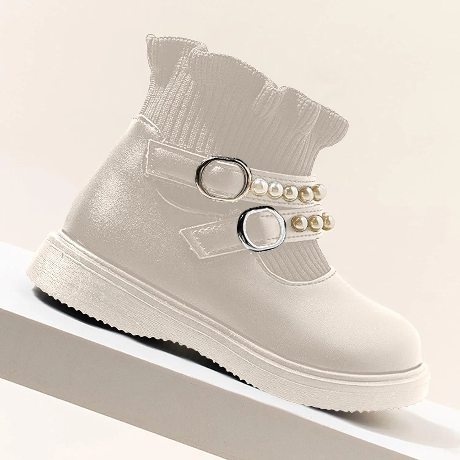 Детские сапоги для девочек с жемчугом Girls Ankle Sock Boots with Pearls Zzalalana, Beige — фото 2