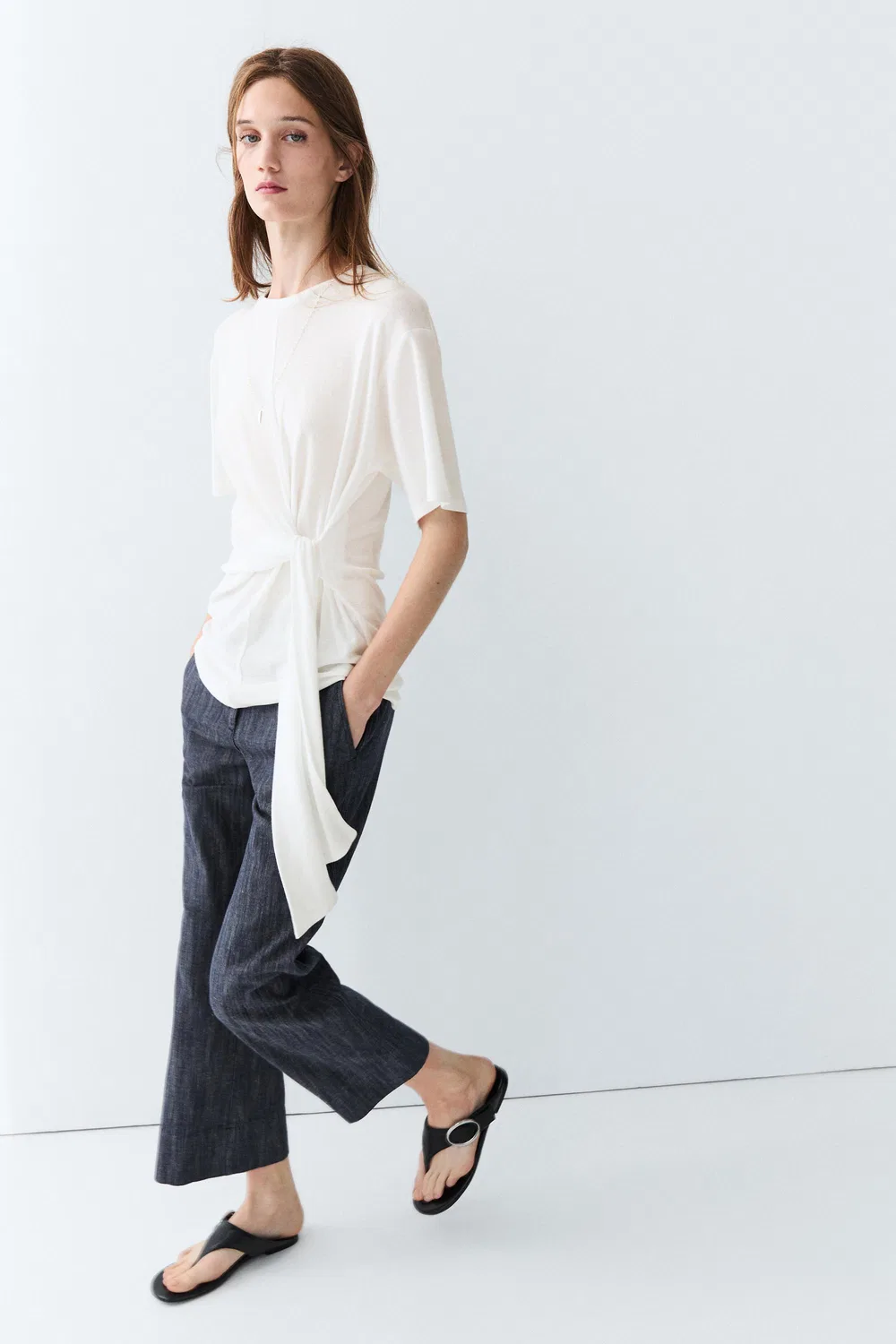 Футболка Massimo Dutti Short Sleeve With Tie Detail, кремовый — фото 4