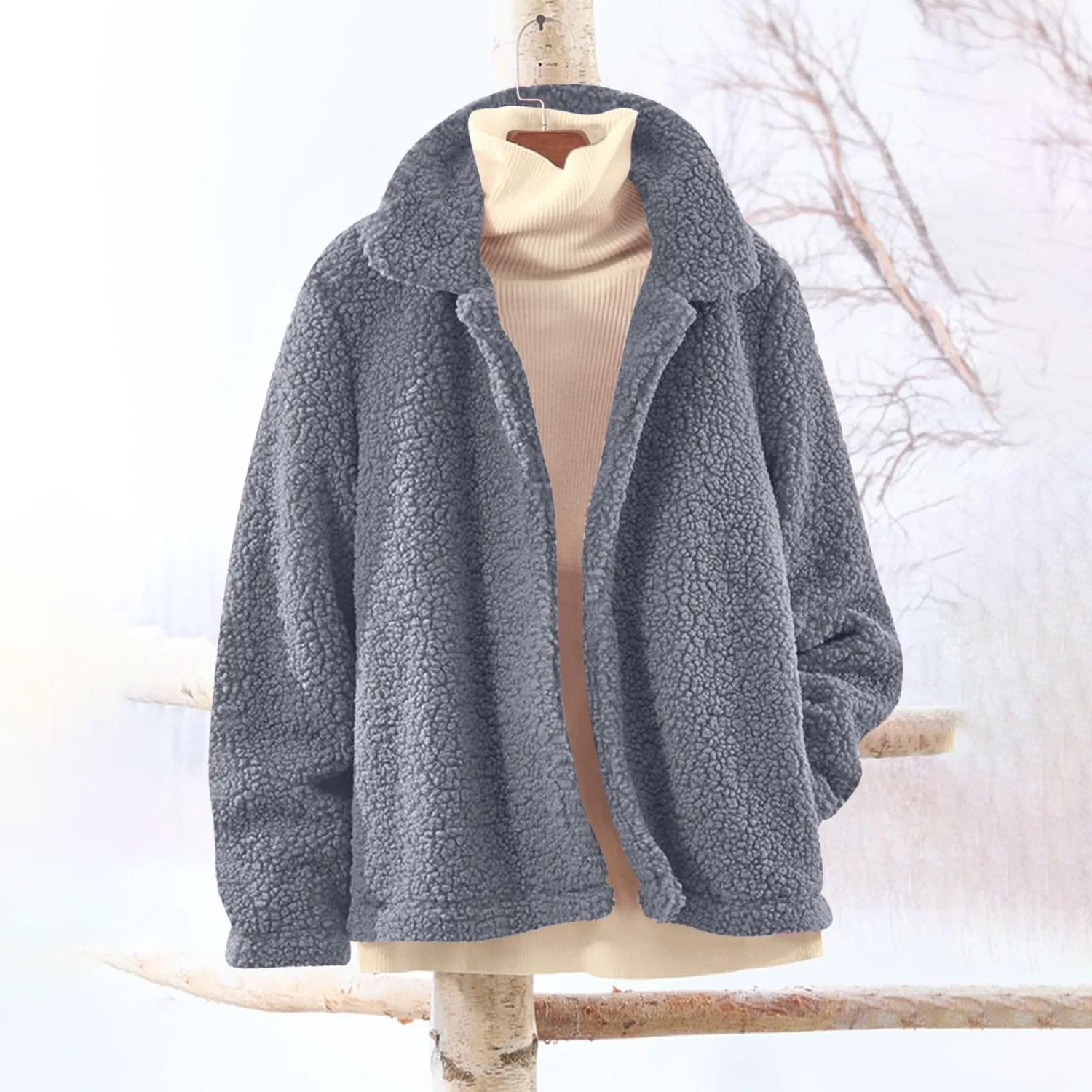 Женская куртка из флиса с воротником-стойкой, без застежки, модель Teddy, бренд, Grigio — фото 3