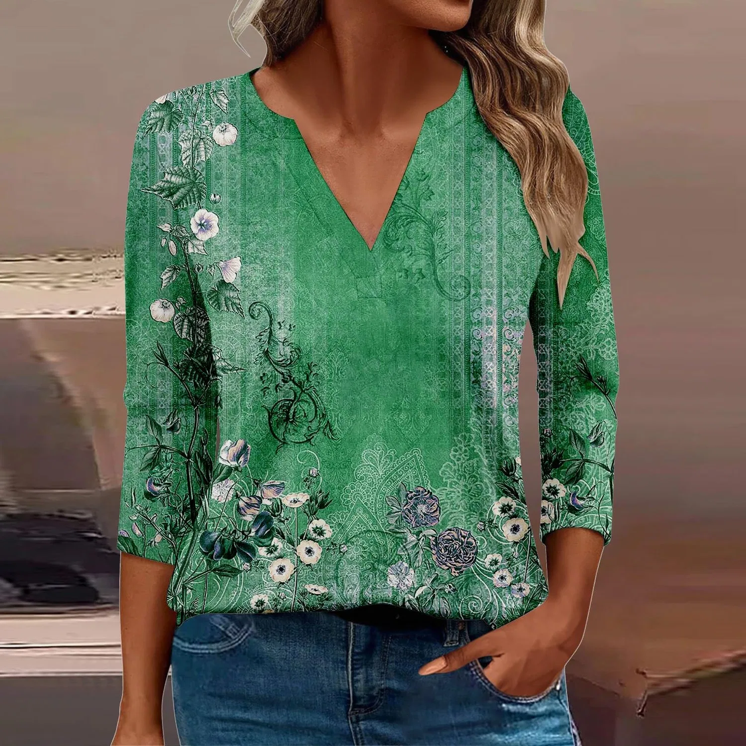 Женская блуза с принтом Women Blouses 3/4 Sleeve V Neck Casual Elegant Summer Boho Floral Print Blouses, 33#verde — фото 2