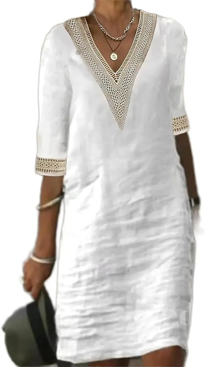 Женское летнее миди-платье с V-образным вырезом Cotton Linen, White