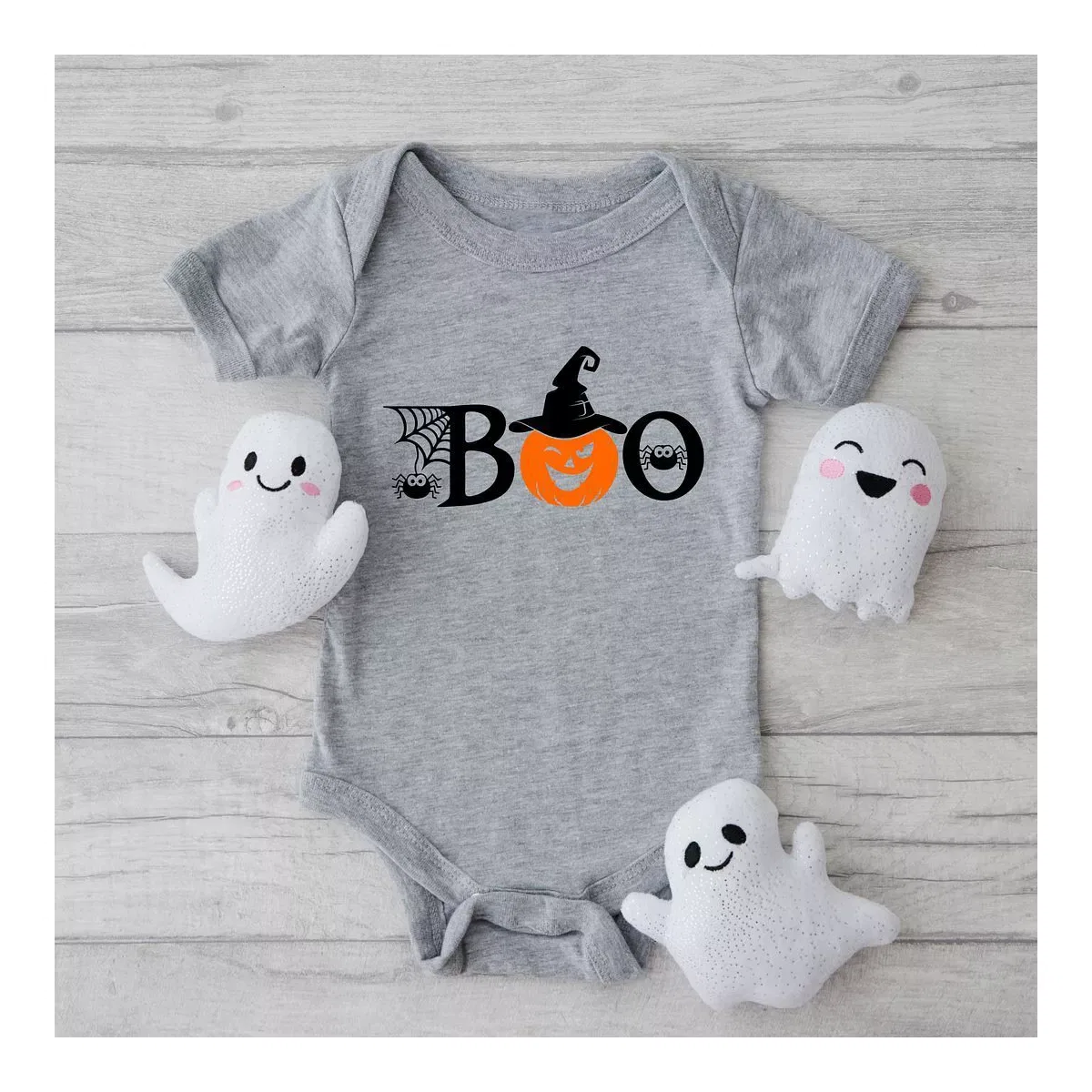 Детский боди с коротким рукавом Boo Pumpkin The Juniper Shop, Heather Grey — фото 2