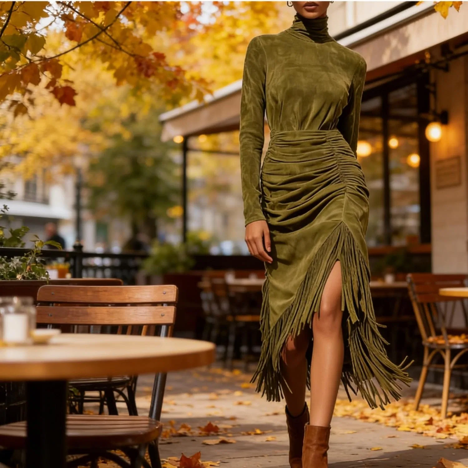 Женское платье миди с бахромой Suede Dress, Olive Green — фото 2