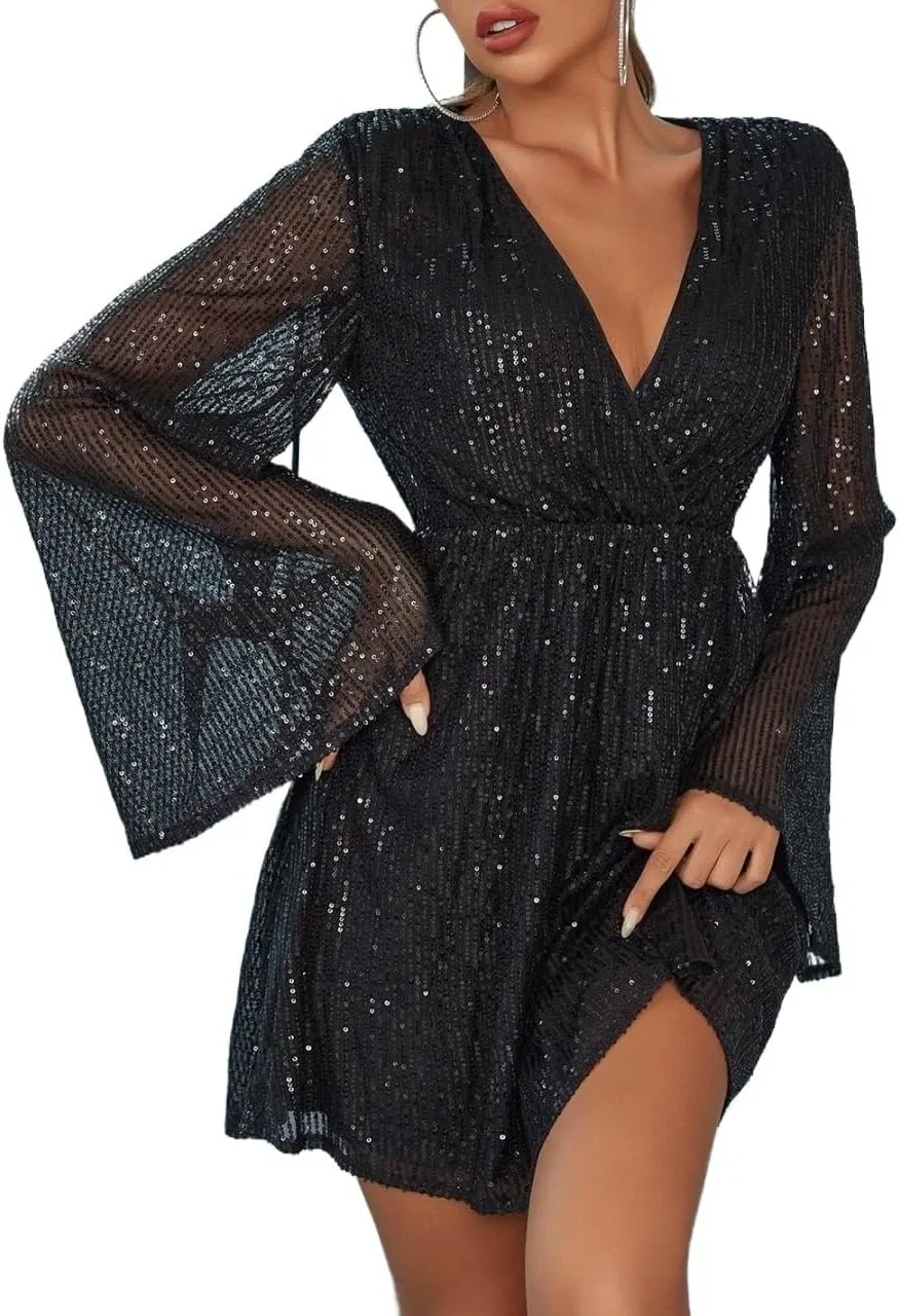 Женское короткое платье с длинным рукавом A-line, Black