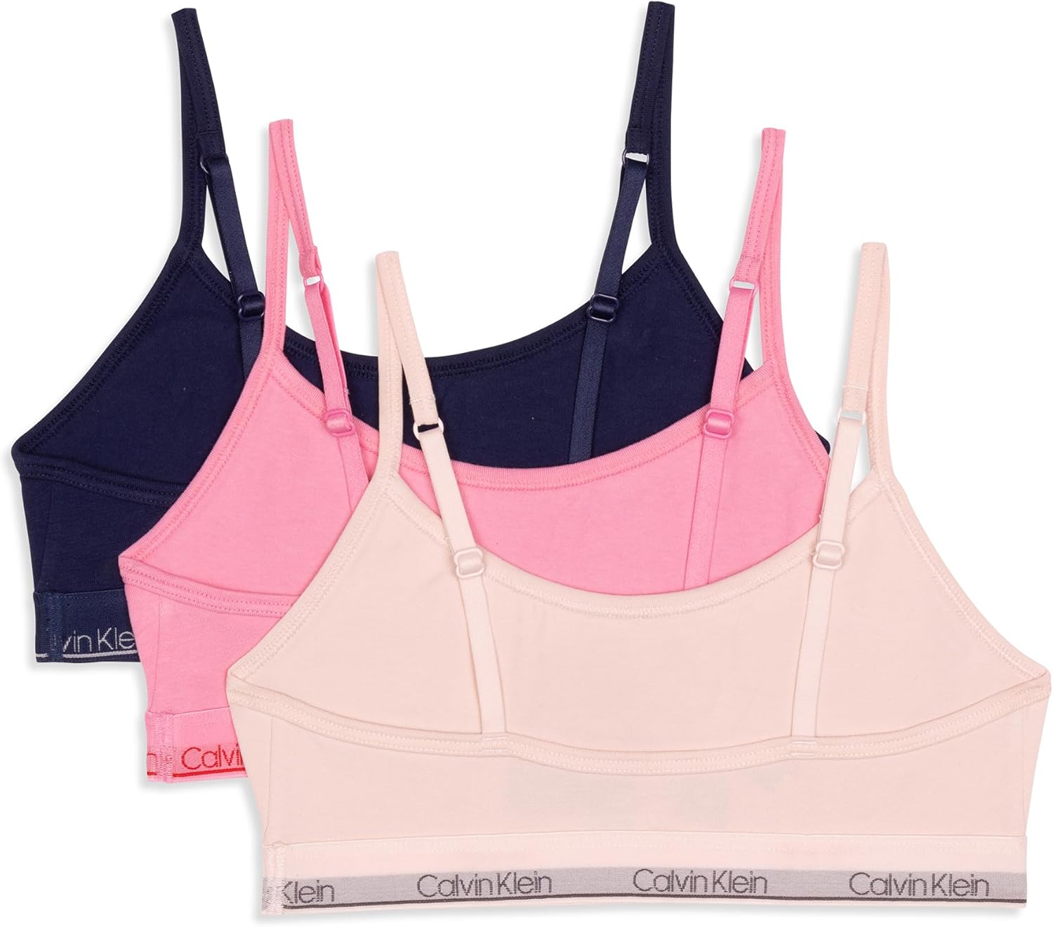 Укороченный хлопковый бюстгальтер-бралетт Calvin Klein для девочек, упаковка из 3 шт., Crystal Pink/Sachet Pink/Medieval Blue — фото 2