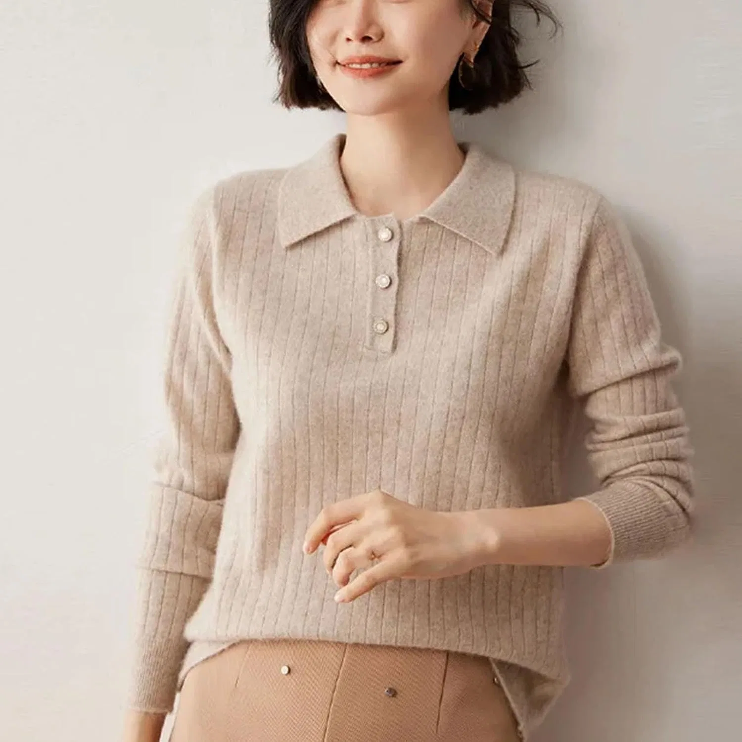 Женский пуловер с воротником из кашемира, модель Collar Cashmere, светло-коричневый — фото 2