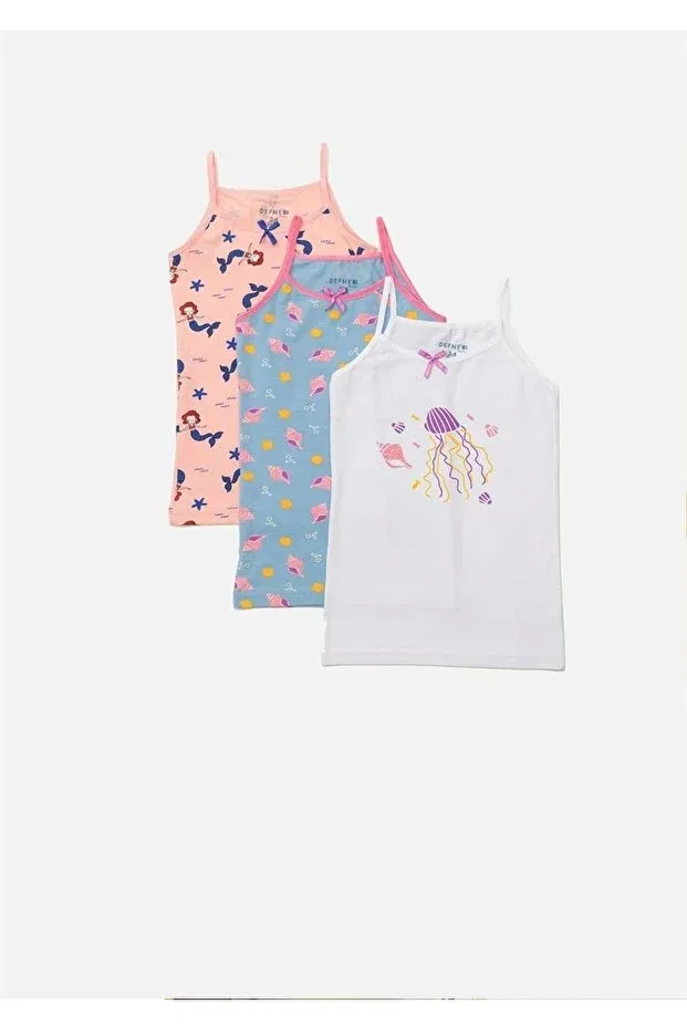 Детский комплект для девочек с принтом Mermaid and shell printed thin strap lycra combed cotton girl's 3-piece athlete set Çamaşırcımshop, Mixed Color Package