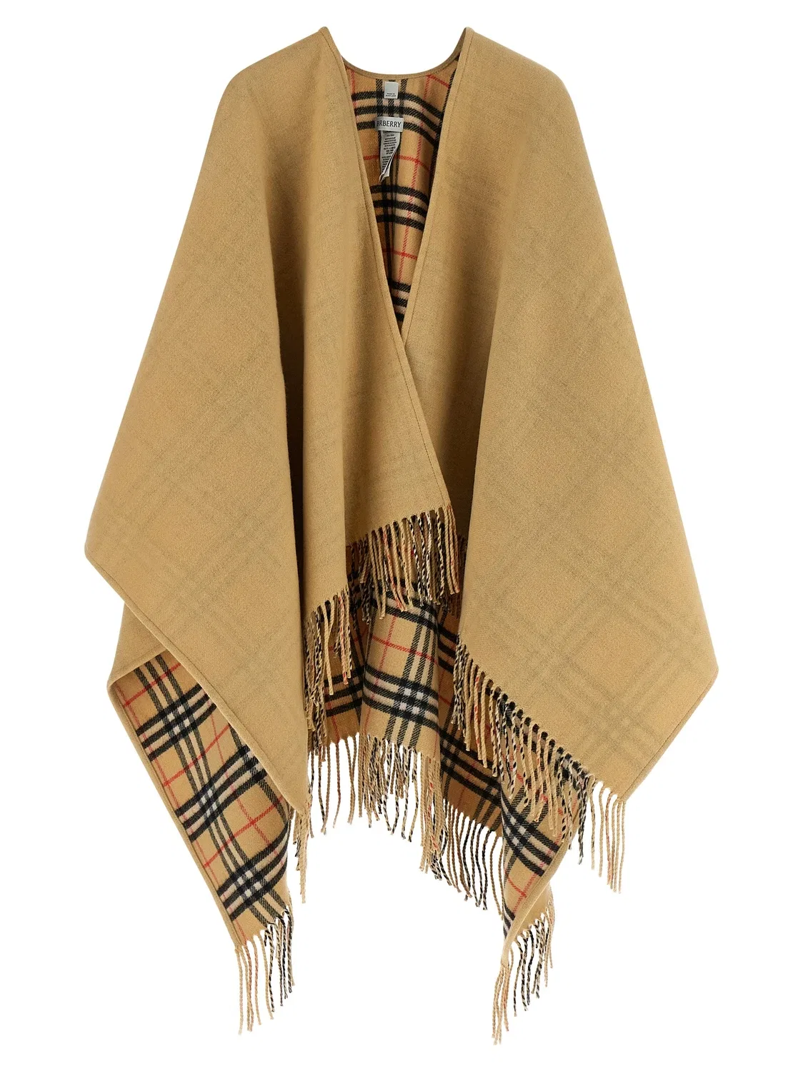 Двустороннее шерстяное пончо в клетку BURBERRY, бежевый